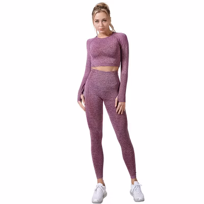 2 PCS/Set Seamless Women Sport Suit Gym Workout Clothes Long Sleeve Fitness Crop Top and Scrunch Butt Leggings Yoga Set