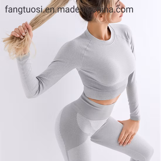 Women Seamless Yoga Set Fitness Sports Suits Ribbed Long Sleeve Trousers Yoga Wear Suit Slim Leisure Yoga Set